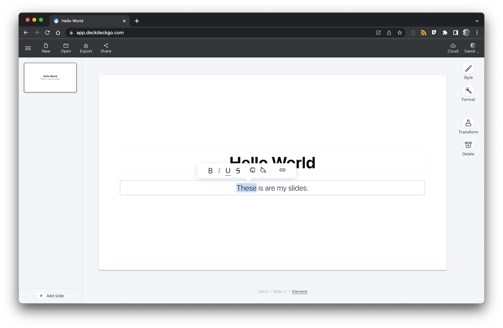 A screenshot of the DeckDeckGo editor